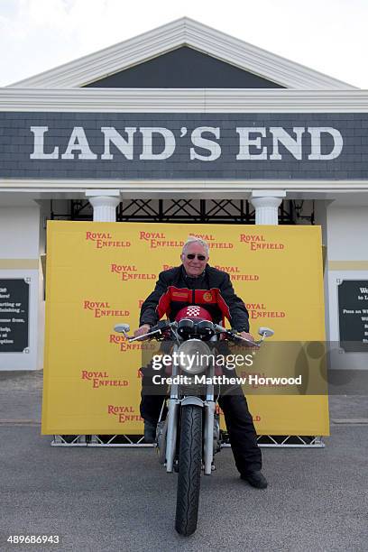 Tom Bray on May 11, 2014 in Land's End, England. Royal Enfield motorcycle riders took part in the 'Top to Tip' sprint ride to mark the 50th...