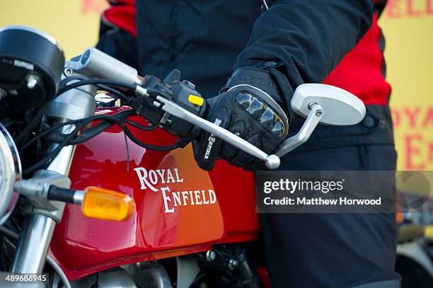 Royal Enfield motorcycle in Land's End, England. Royal Enfield motorcycle riders took part in the 'Top to Tip' sprint ride to mark the 50th...