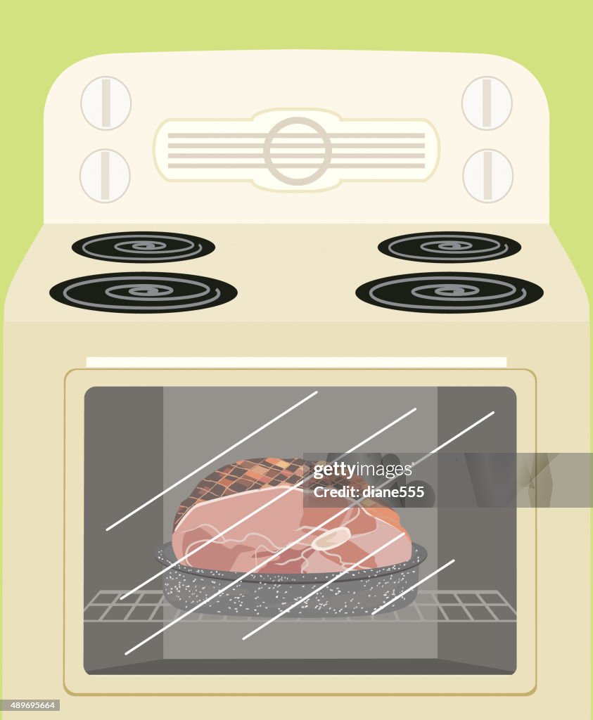Retro estufa con jamón fuente en el horno