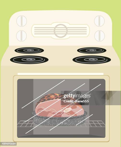retro stove with a ham roasting in the oven - large kitchen stock illustrations