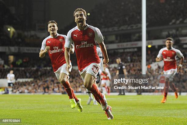 Mathieu Flamini scores the 2nd Arsenal goal during the Capital One Cup Third Round match between Tottenham Hotspur and Arsenal at White Hart Lane on...