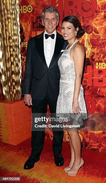 Personality Michael Buffer and wife Christine Buffer attend HBO's Official 2015 Emmy After Party at The Plaza at the Pacific Design Center on...