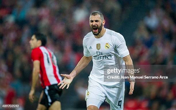 Karim Benzema of Real Madrid CF celebrates after scoring his team's second goal during the La Liga match between Athletic Club Bilbao and Real Madrid...