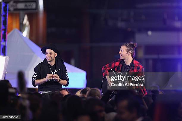 Justin Bieber's manager Scooter Braun and Guitarist Dan Kanter perform in the rain on NBC's "Today" Show at Rockefeller Plaza on September 10, 2015...