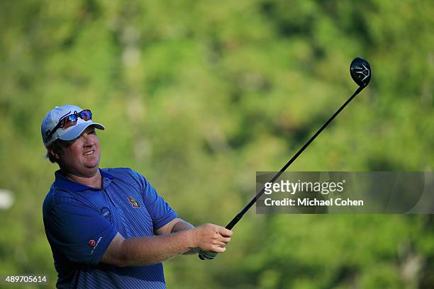 Brad Fritsch of Canada hits his drive on the 13th hole during the first round of the Small Business Connection Championship at River Run held at...