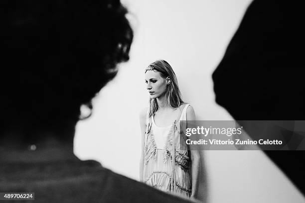 Model is seen backstage ahead of the N.21 show during Milan Fashion Week Spring/Summer 2016 on September 23, 2015 in Milan, Italy.