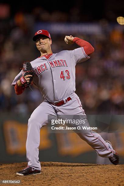 Manny Parra of the Cincinnati Reds pitches against the San Francisco Giants during the seventh inning at AT&T Park on September 14, 2015 in San...