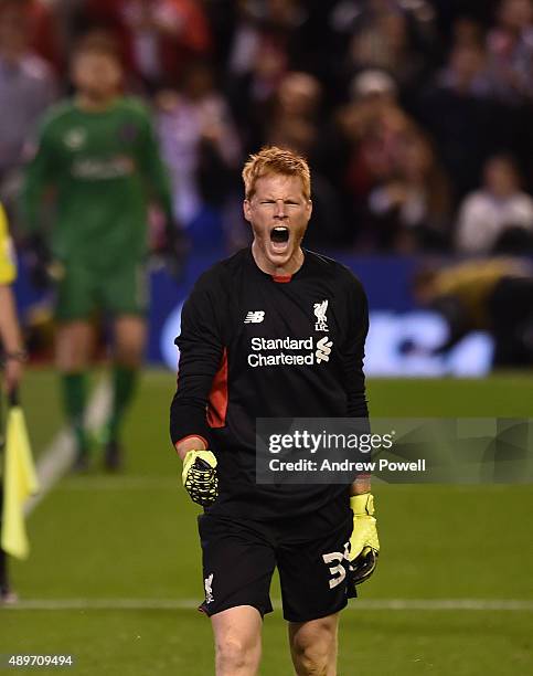 Adam Bogdan of Liverpool celebrates during the Capital One Cup third round match between Liverpool and Carlisle United at Anfield on September 23,...