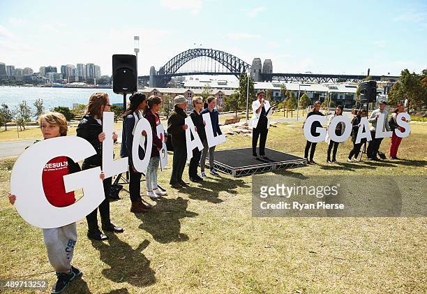 Actress Deborah Mailman speaks during the UN Global Goals Flag Raising Ceremony on September 24, 2015 in Sydney, Australia. In support of the UN...