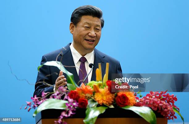 Chinese President Xi Jinping gives a speech at Microsoft's main campus September 23, 2015 in Redmond, Washington. Xi and top executives from U.S. And...