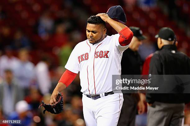 Jean Machi of the Boston Red Sox reacts after being ejected for hitting Steven Souza Jr. #20 of the Tampa Bay Rays with a pitch during the ninth...