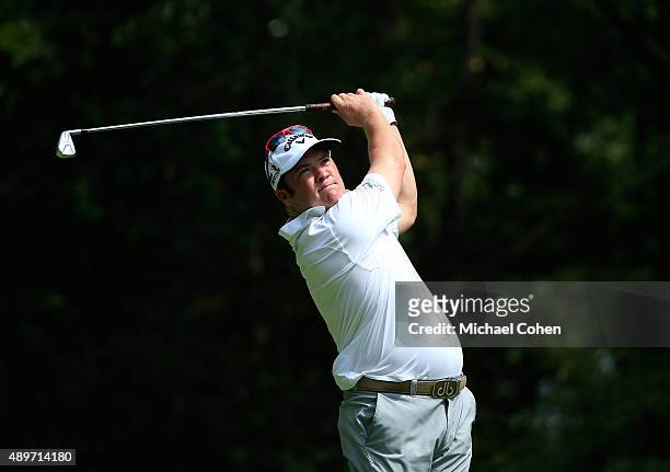 Andrew Svoboda hits his tee shot on the 17th hole during the final round of the Small Business Connection Championship at River Run held at River Run...