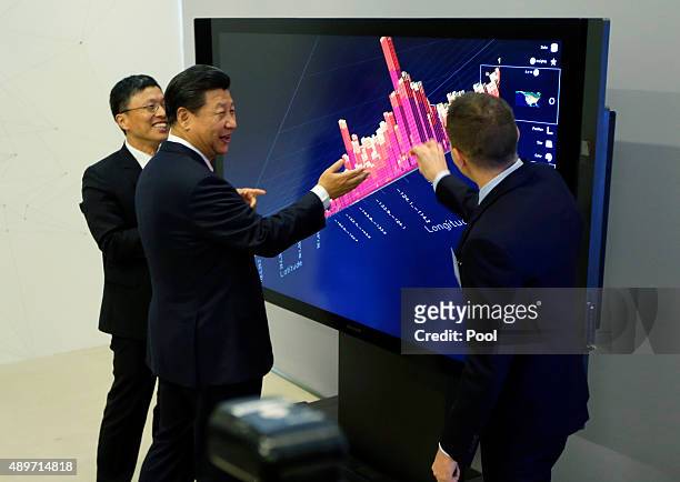 Chinese President Xi Jinping , Harry Shum of Microsoft , and David Brown take part in a demonstration of how Microsoft Surface technology can be used...