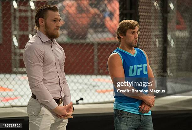 Head coaches Conor McGregor and Urijah Faber prepare to pick the fighters for their next fight during the filming of The Ultimate Fighter: Team...