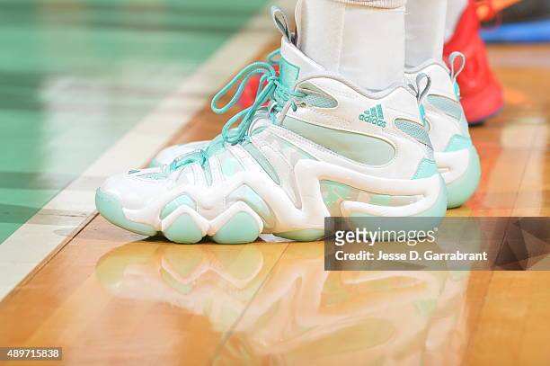 Swin Cash of the New York Liberty showcases her sneakers against the Indiana Fever during game One of the WNBA Eastern Conference Finals at Madison...