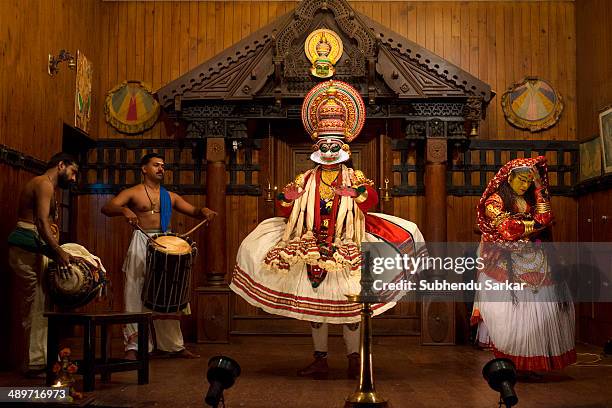 Kathakali dancers during a show in Fort Kochi. Kathakali is a highly stylized classical Indian dance-drama noted for the attractive make-up of...