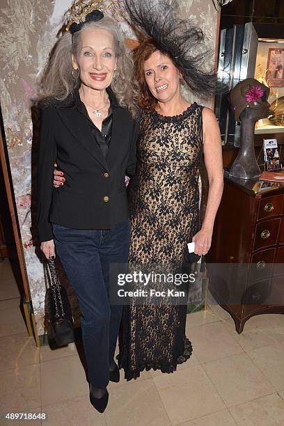 Model/actress/singer Tanya Drouginska and hat designer Mira Belle attend the Hotel Westminster Shop Window Unveiling on September 23, 2015 in Paris,...