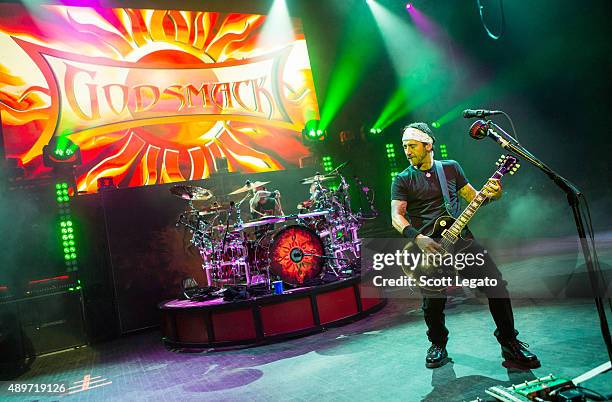 Shannon Larkin and Sully Erna of Godsmack performs during the 1000HP Tour at The Fillmore Detroit on September 23, 2015 in Detroit, Michigan.