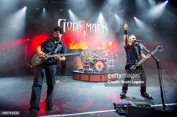 Tony Rombola, Sully Erna and Shannon Larkin of Godsmack performs during the 1000HP Tour at The Fillmore Detroit on September 23, 2015 in Detroit,...