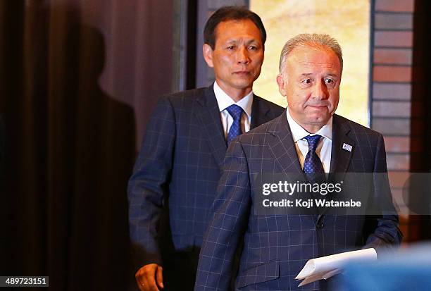 Head Coach of Japan Alberto Zaccheroni prepares to announce the Japan squad for the 2014 FIFA World Cup during a news conference at Grand Prince...