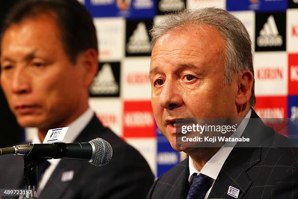 Head Coach of Japan Alberto Zaccheroni announces the Japan squad for the 2014 FIFA World Cup during a news conference at Grand Prince Hotel Takanawa...