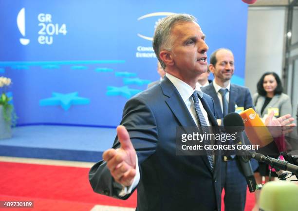 Chairman-in-Office and President of the Swiss Confederation Didier Burkhalter answers journalists' questions after a Foreign Affairs Council on the...