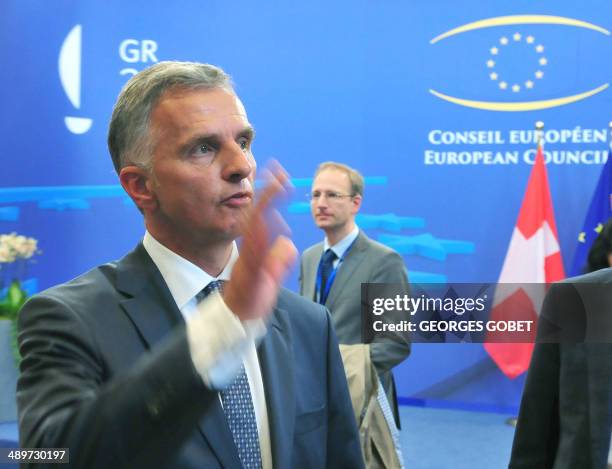 Chairman-in-Office and President of the Swiss Confederation Didier Burkhalter answers journalists' questions after a Foreign Affairs Council on the...