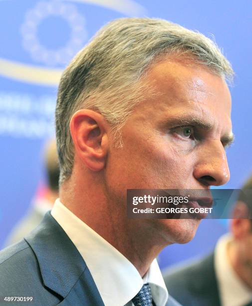 Chairman-in-Office and President of the Swiss Confederation Didier Burkhalter answers journalists' questions after a Foreign Affairs Council on the...