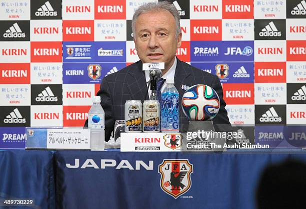 Head coach Alberto Zaccheroni announces the Japan squad for the 2014 FIFA World Cup during a news conference at Grand Prince Hotel Takanawa on May...