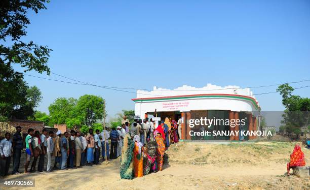 Indian voters queue outside a polling station in Azamgarh, about 275 kms from Lucknow in northern Uttar Pradesh state on May 12, 2014. Voters headed...