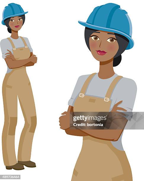 construction worker professional woman icons, full body and waist up - arms crossed stock illustrations stock illustrations