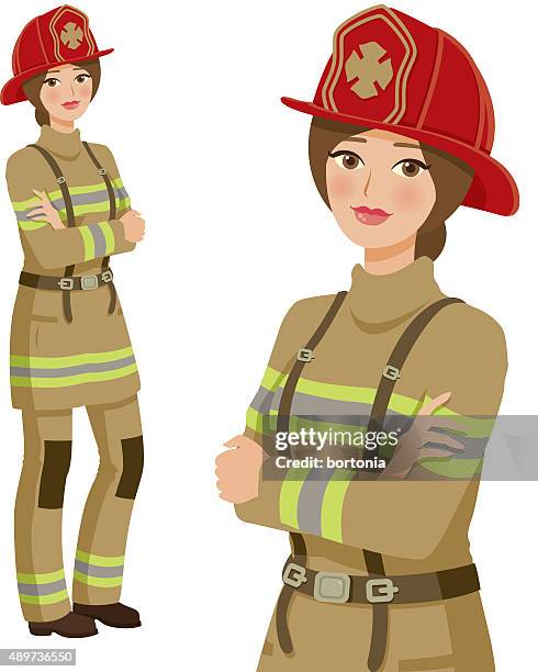 firefighter professional woman icons, full body and waist up - firefighter boot stock illustrations