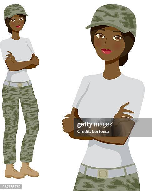 soldier professional woman icons, full body and waist up - hair bun stock illustrations