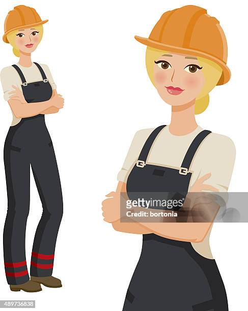 ilustrações, clipart, desenhos animados e ícones de trabalhador de construção profissional mulher ícones, de corpo inteiro e da cintura para cima - cabelo louro