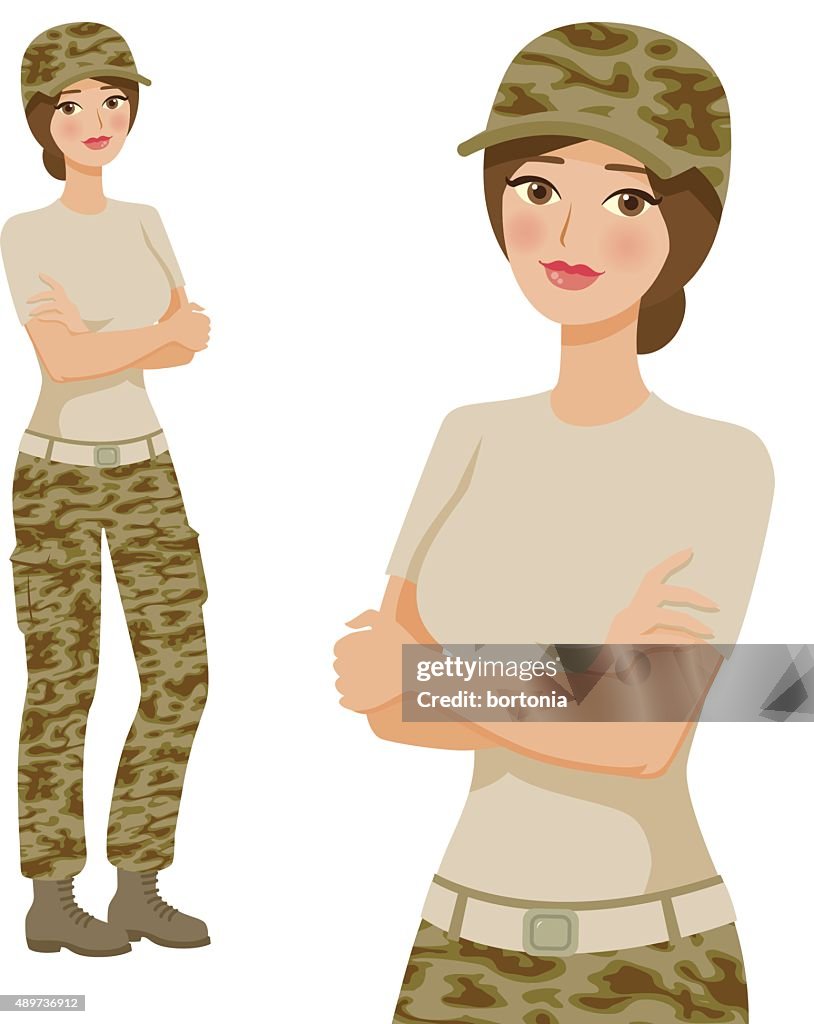 Soldier Professional Woman Icons, Full Body and Waist Up