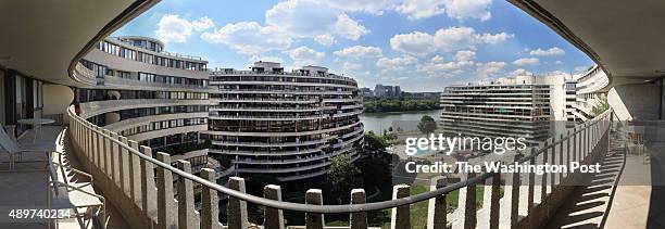 View of the Watergate complex from the balcony at Rise Birnbaum's co-op at the Watergate co-ops in Washington DC, September 17, 2015.