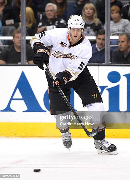 Bryan Allen of the Anaheim Ducks makes a pass against the Los Angeles Kings in Game Four of the Second Round of the 2014 NHL Stanley Cup Playoffs at...