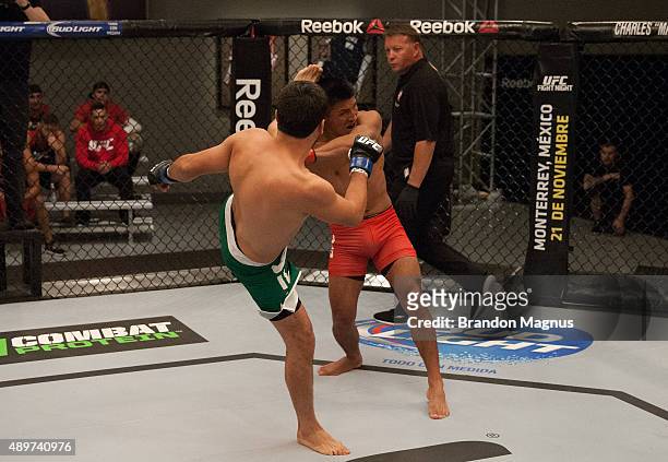 Jonathan Ortega kicks Enrique Barzola during the filming of The Ultimate Fighter Latin America: Team Gastelum vs Team Escudero on April 7, 2015 in...