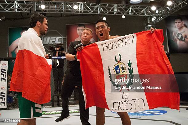 Enrique Barzola celebrates his victory over Jonathan Ortega during the filming of The Ultimate Fighter Latin America: Team Gastelum vs Team Escudero...