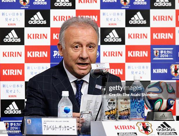 Head coach Alberto Zaccheroni announces the Japan squad for the 2014 FIFA World Cup during a news conference at Grand Prince Hotel Takanawa on May...