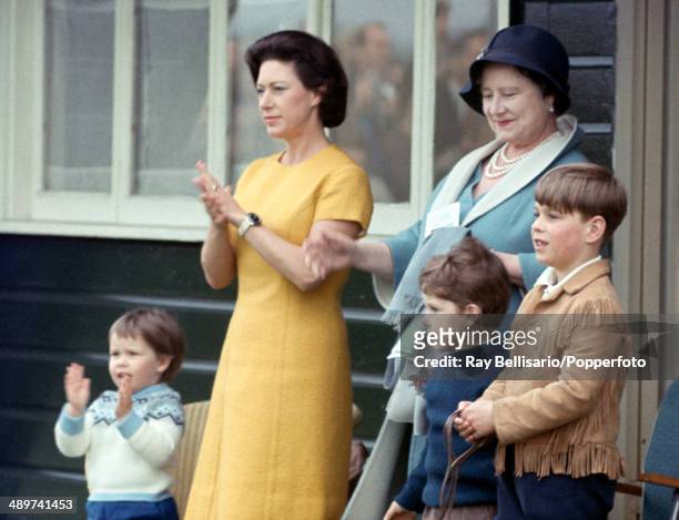 Lady Sarah Linley, Princess Margaret, Lord David Linley, Queen Elizabeth The Queen Mother and Prince Andrew watching a polo match at Smith's Lawn in...
