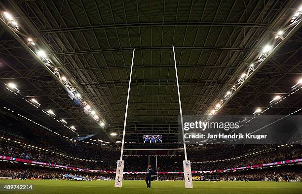 General view as teams line up for the national anthems during the 2015 Rugby World Cup Pool A match between Australia and Fiji at Millennium Stadium...