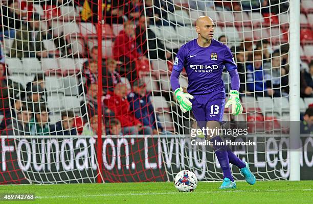 Willy Caballero of Manchester City during the Capital One Cup Third Round match between Sunderland and Manchester City at the Stadium of Light on...