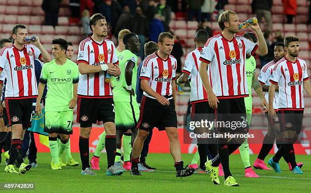 Players leave the field during the Capital One Cup Third Round match between Sunderland and Manchester City at the Stadium of Light on September 22,...