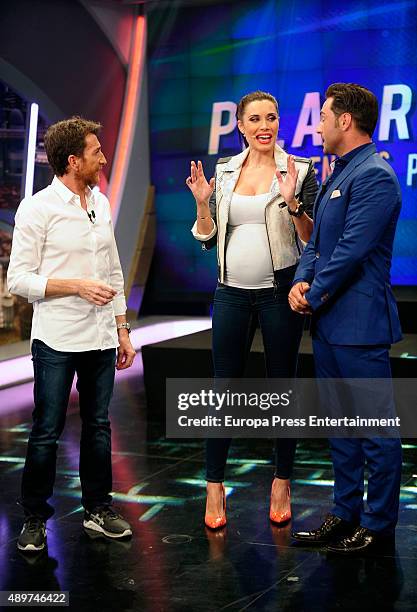 Tv presenter Pablo Motos, Pilar Rubio and singer David Bustamante attend 'El Hormiguero' Tv Show on September 23, 2015 in Madrid, Spain.