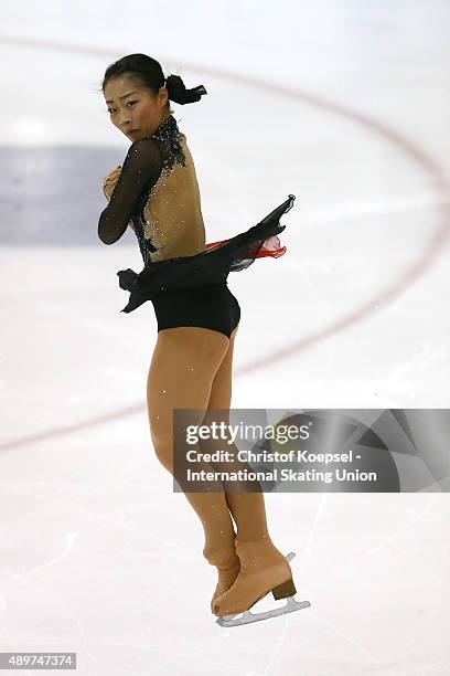 Rin Nitaya of Japan skates during the junior ladies short programm of the ISU Junior Grand Prix at Tor-Tor Arena on September 24, 2015 in Torun,...