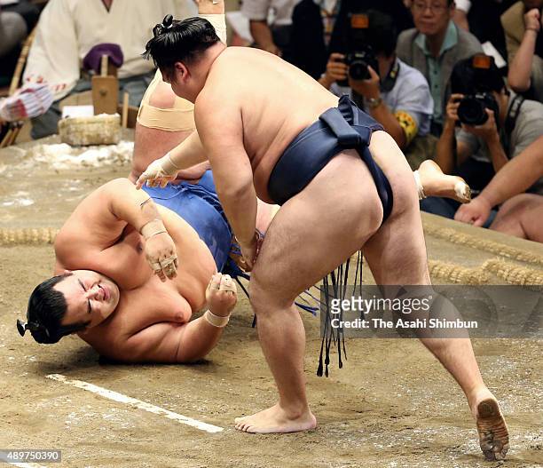 Mongolian yokozuna Kakuryu throws ozeki Kotoshogiku to win during day twelve of the Grand Sumo Autumn Tournament at Ryogoku Kokugikan on September...