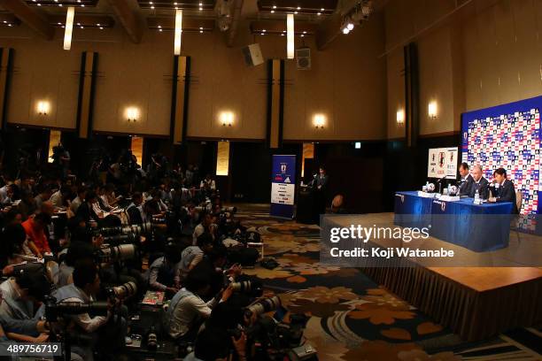 General Secretary of Japan Football Association Hiromi Hara and Head Coach of Japan Alberto Zaccheroni attend announces the members for 2014 FIFA...