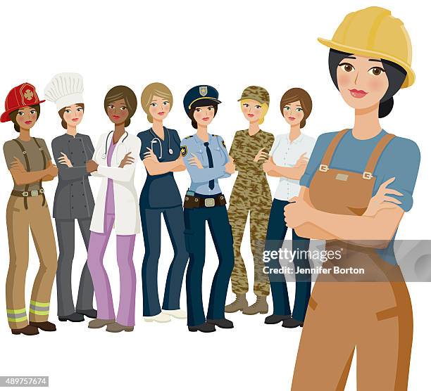 group of female workers, various professions and ethnicities - multicultural nurses stock illustrations