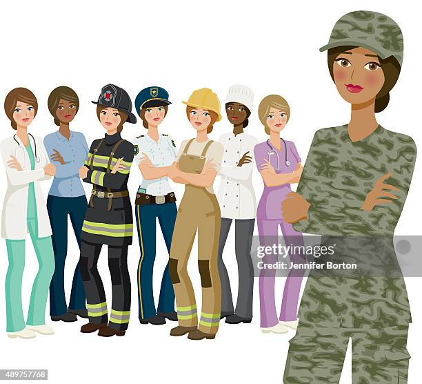 group of female workers, various professions and ethnicities - indian construction worker stock illustrations